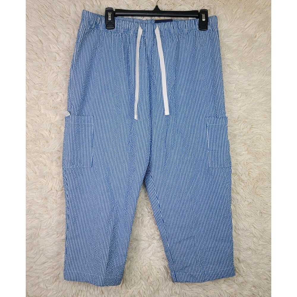 Basic Edition Searsucker Capri Pants Size M Pocket Drawstring Waist Blue White X